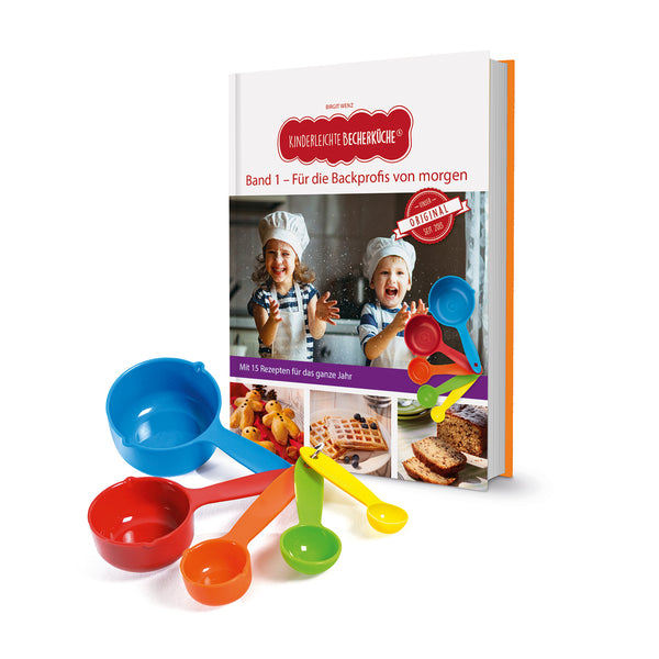 Kinderleichte Becherküche Set inkl. Messbecher-Set - Band 1 mit 15 Rezepten und bunten Messbechern für Kinder ab 3 Jahren.