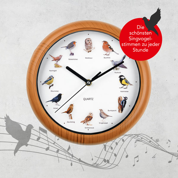 Wanduhr Küchenuhr Uhr Analog Vogelstimmen - 12 Singvogelstimmen - 25 cm