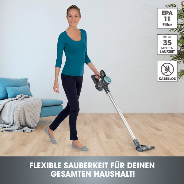 CLEANmaxx Akku-Hand- & Bodenstaubsauger anthrazit/hellblau kabellos mit EPA-Filter und bis zu 35 Minuten Laufzeit.