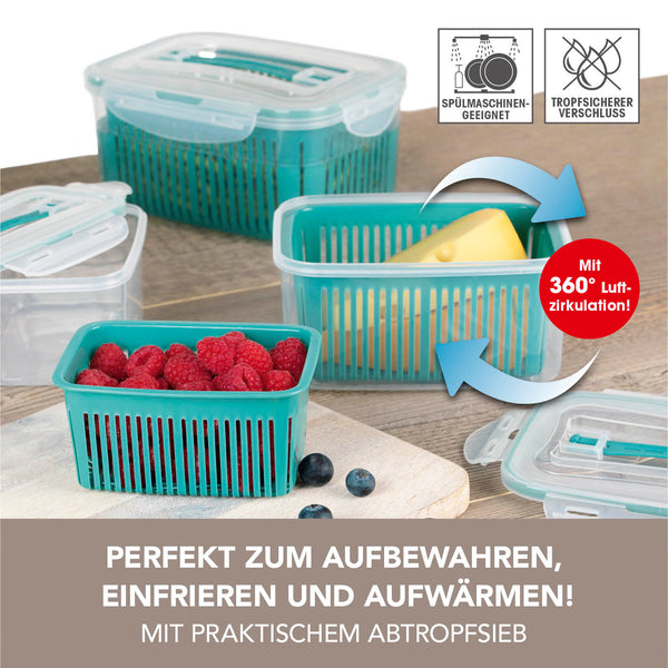GOURMETmaxx Frischhaltedosen mit Abtropfsieb transparent/grün, mit 4-fach Klick-Verschluss und Tragegriffen für Obst und Gemüse.
