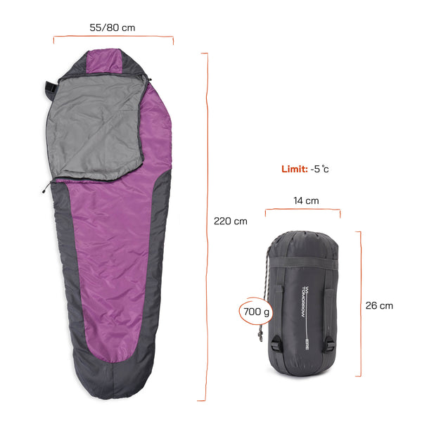 Where Tomorrow Camping Schlafsack Small & Light - Mumienschlafsack mit Tasche - 220 x 80 x 50 cm - Grau-Lila