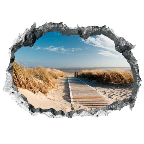 Wandtattoo 3D "Ostsee" zeigt realistisches Strandmotiv mit Düne und Holzsteg, selbsthaftend für glatte Oberflächen.