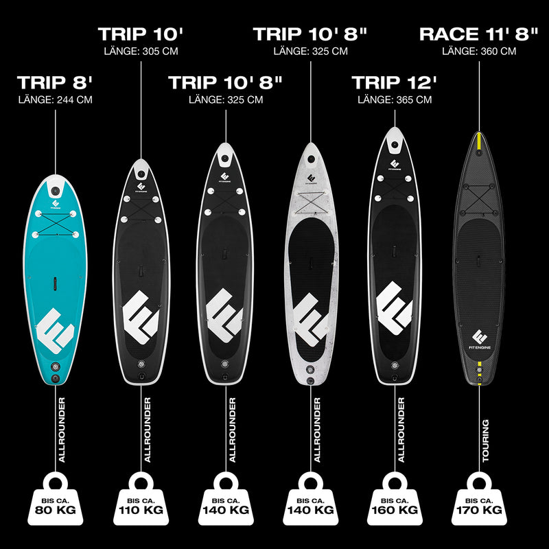 FitEngine SUP Allrounder/Racer/Junior 8' - 12'' Umfangreiches Stand-up-Paddle-Board Set mit Drybag Handyhülle und Co. Drop-Stitch Qualität SUP Marke