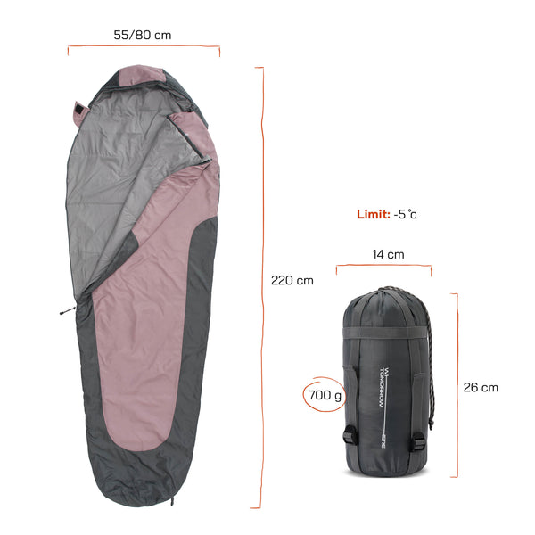 Where Tomorrow Camping Schlafsack Small & Light - Mumienschlafsack mit Tasche - 220 x 80 x 50 cm - Rose-Grau