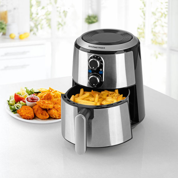 GOURMETmaxx Heißluft-Fritteuse 2,7l 1500W Edelstahl/schwarz mit Temperaturregler und 30-Minuten-Timerfunktion, fettarmes Garen.