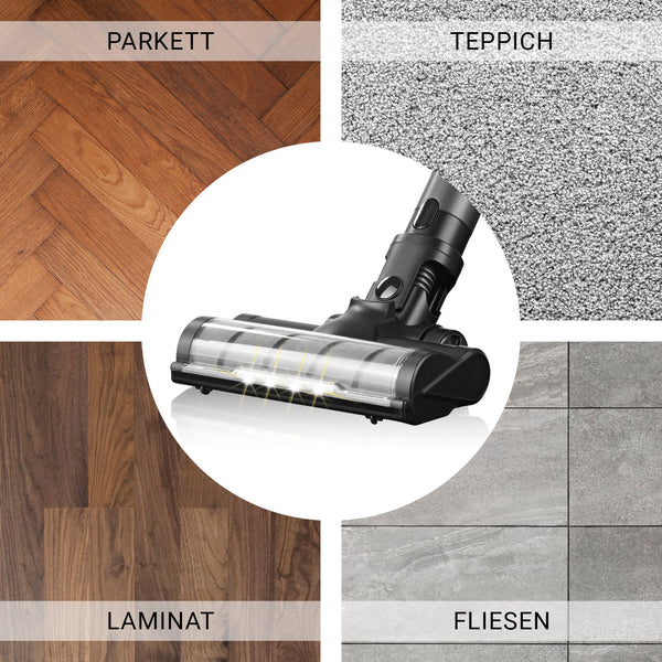 N8WERK Akku-Staubsauger mit Touch Display und automatischer Schmutzerkennung für Parkett, Teppich, Laminat und Fliesen.
