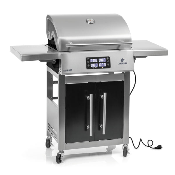 LANDMANN VOLTRIS Elektro-Grillwagen Edelstahl mit 2 Grillzonen, digitalem Display, abklappbaren Seitentischen und Warmhalterost.