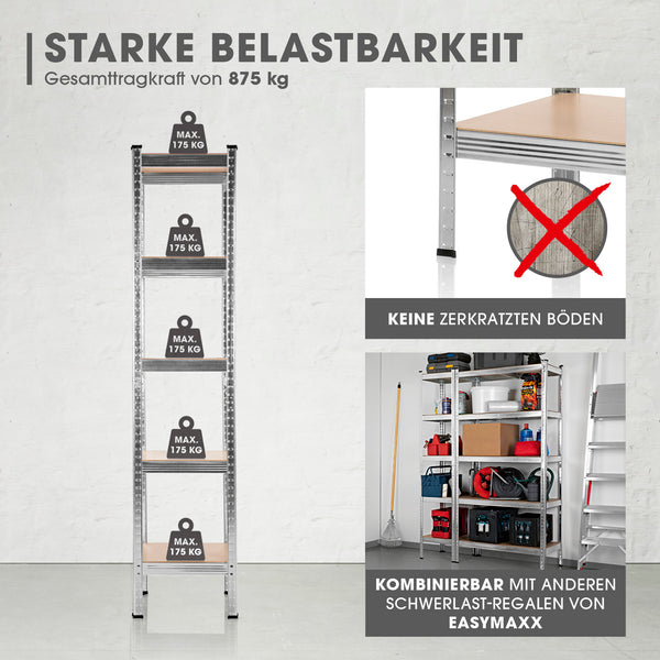 EASYmaxx 2 in 1 Schwerlastregal & Werkbank 180x40x40 cm mit 875 kg Traglast und 175 kg pro Ebene, robust und kombinierbar.