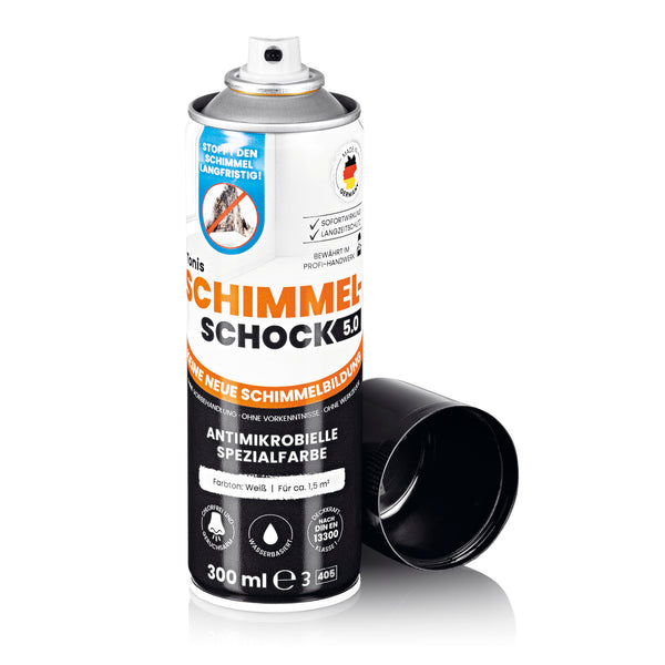 Tonis SCHIMMELSCHOCK 5.0 Antimikrobielle Spezialfarbe 300 ml zur effektiven Schimmelbekämpfung auf weißen Wänden und Decken.