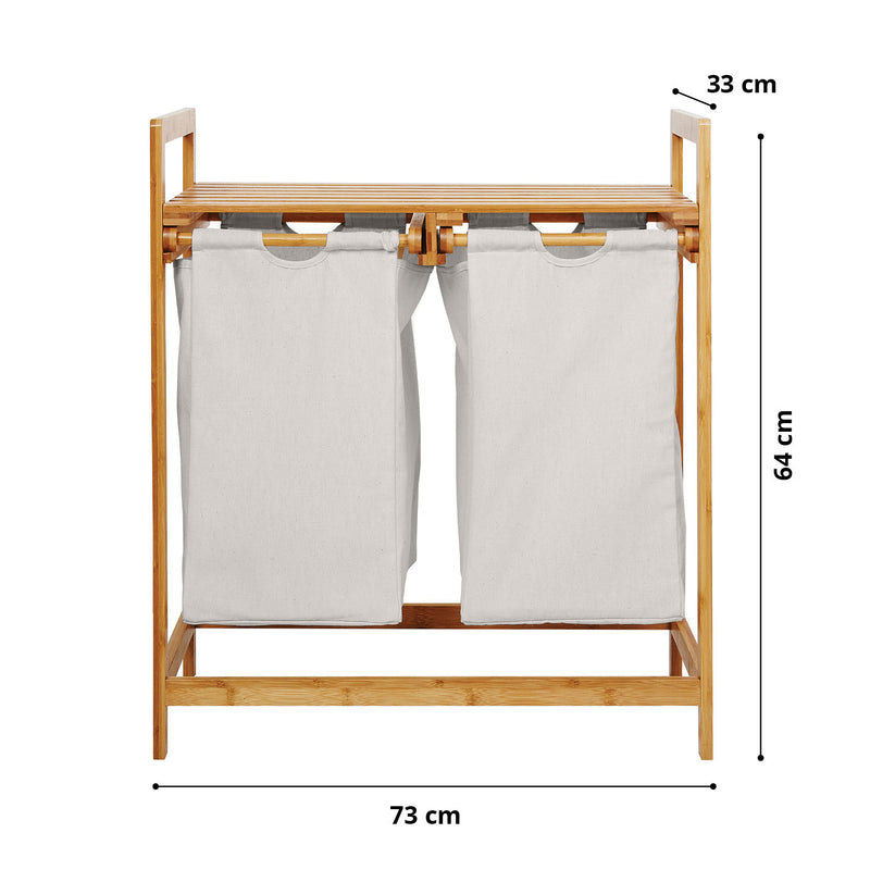 LUMALAND Bambus Wäschekorb mit 2 ausziehbaren Wäschesacken - 73 x 64 x 33 cm - Weiß