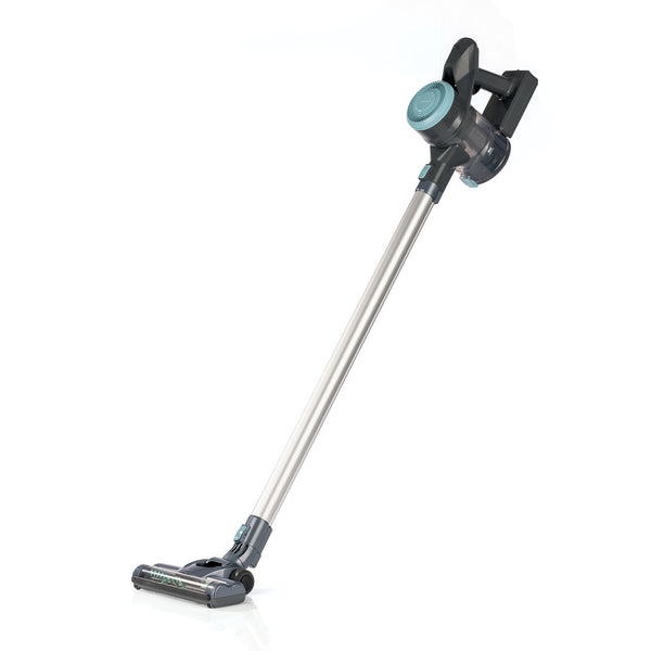 CLEANmaxx Akku-Hand- & Bodenstaubsauger anthrazit/hellblau mit kabellosem Zyklonstaubsauger und Aluminium-Rohrverlängerung.