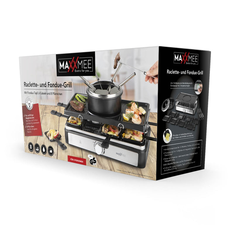 MAXXMEE Raclette- & Fondue-Set - Mit Fondue-Topf, 6 Gabeln und 8 Pfännchen