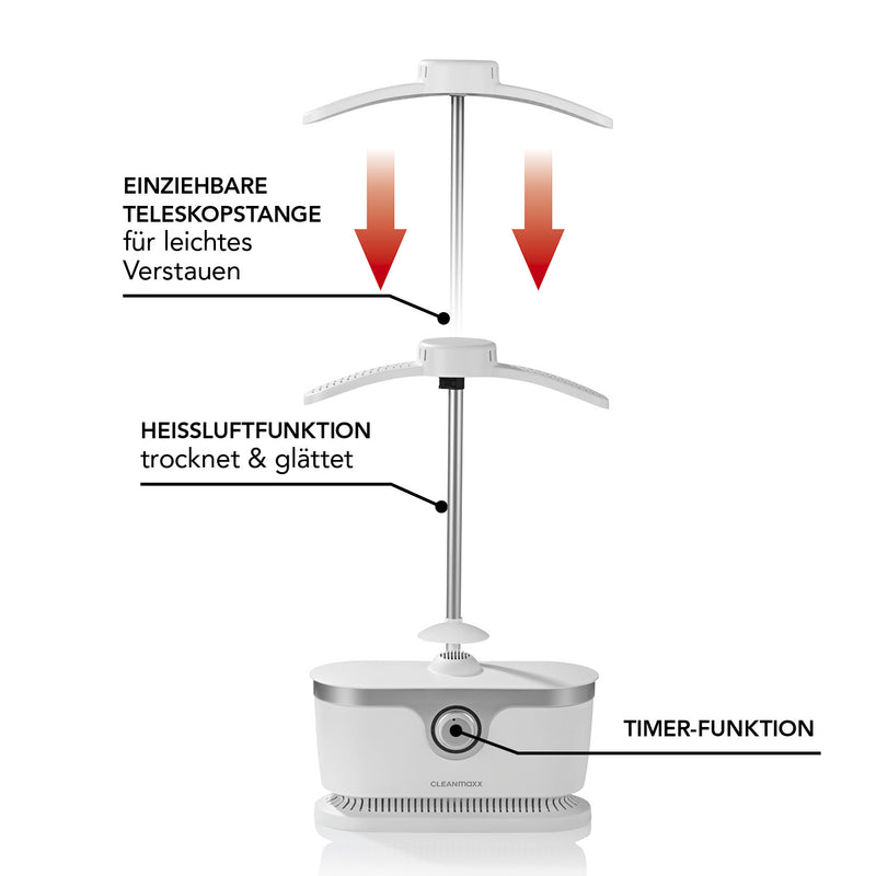 CLEANmaxx Hemdenbügler PRO für Oberbekleidung - trocknet & bügelt automatisch - Weiß/Silber