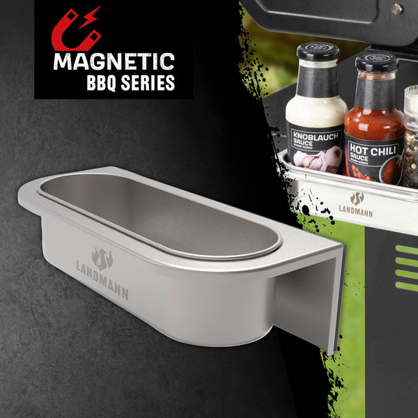 LANDMANN Magnet Saucenhalter aus Edelstahl mit Magnet für 3 Saucenflaschen, ideal für Grill und Küche, leicht zu reinigen.