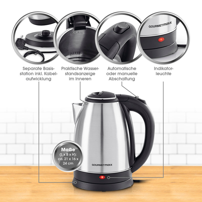 GOURMETmaxx Wasserkocher 1,8l aus Edelstahl mit 360° Basis, Wasserstandsanzeige, Abschaltautomatik und Indikatorleuchte.