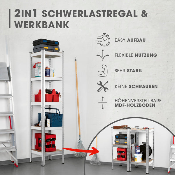 EASYmaxx 2 in 1 Schwerlastregal & Werkbank, stabile Metallkonstruktion mit 5 höhenverstellbaren MDF-Platten, einfache Steckmontage ohne Schrauben.