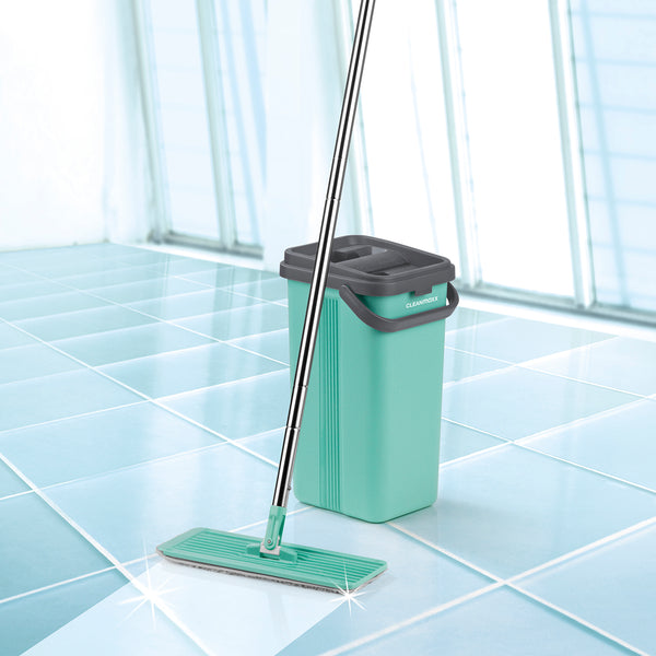 CLEANmaxx Komfort-Mopp Kompakt türkis/grau mit Eimer, 2-Kammer-System und Auswring-Mechanismus für optimale Feuchtigkeit beim Wischen.