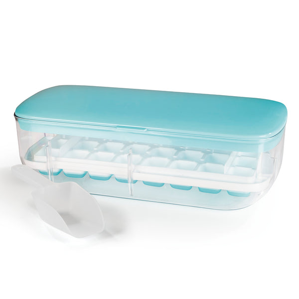 GOURMETmaxx Eiswürfelbehälter - türkis mit silikonform, ausstechgitter, stapelbar und schaufel, ideal zur platzsparenden eiswürfelherstellung.