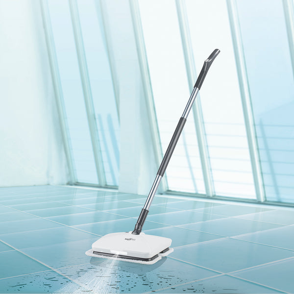 MAXXMEE Akku-Vibrationsmopp mit Sprühfunktion - kabellos, grau, mit LED-Beleuchtung für gründliches Wischen ohne Eimer und empfindliche Böden.