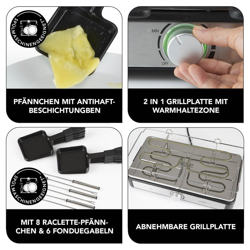 MAXXMEE Raclette- & Fondue-Set - Mit Fondue-Topf, 6 Gabeln und 8 Pfännchen