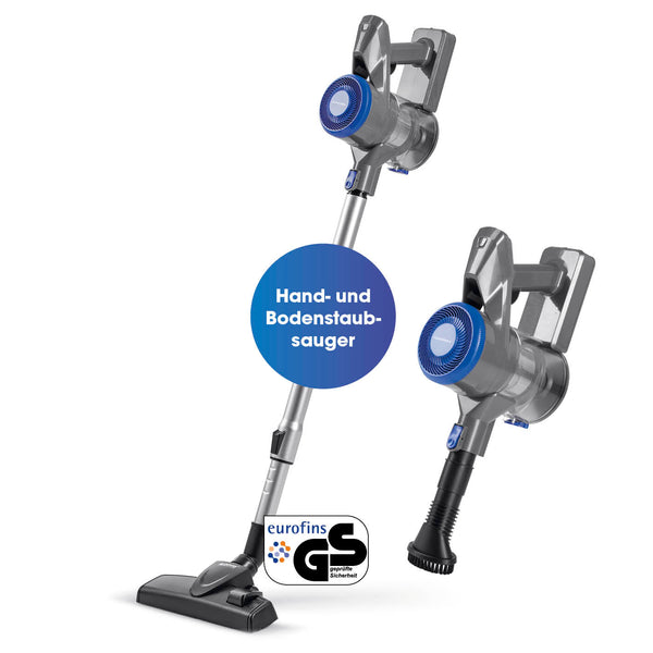 CLEANmaxx Akku-Hand- & Bodenstaubsauger anthrazit/blau kabellos mit Zyklontechnik und 2-stufiger Saugkraft-Regulierung.