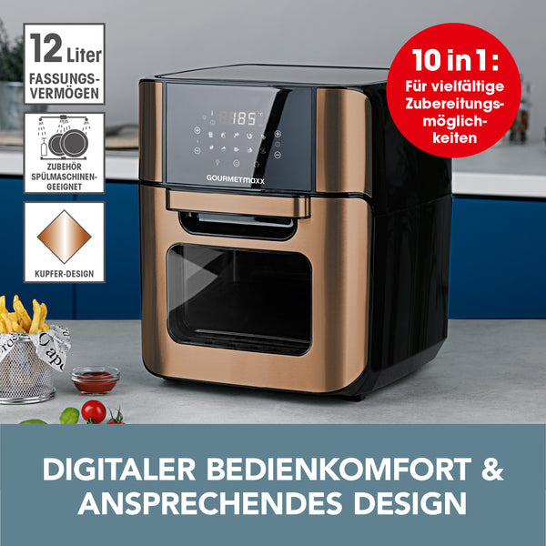 GOURMETmaxx Digitale Design-Heißluftfritteuse 12 l XL, 1800 Watt, 10-in-1 Funktionen, Kupfer-Design, digitaler Timer, spülmaschinengeeignet.