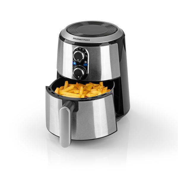 GOURMETmaxx Heißluft-Fritteuse 2,7l 1500W Edelstahl/schwarz mit Temperaturregler und 30-Minuten-Timerfunktion, perfekt für fettarmes Garen.