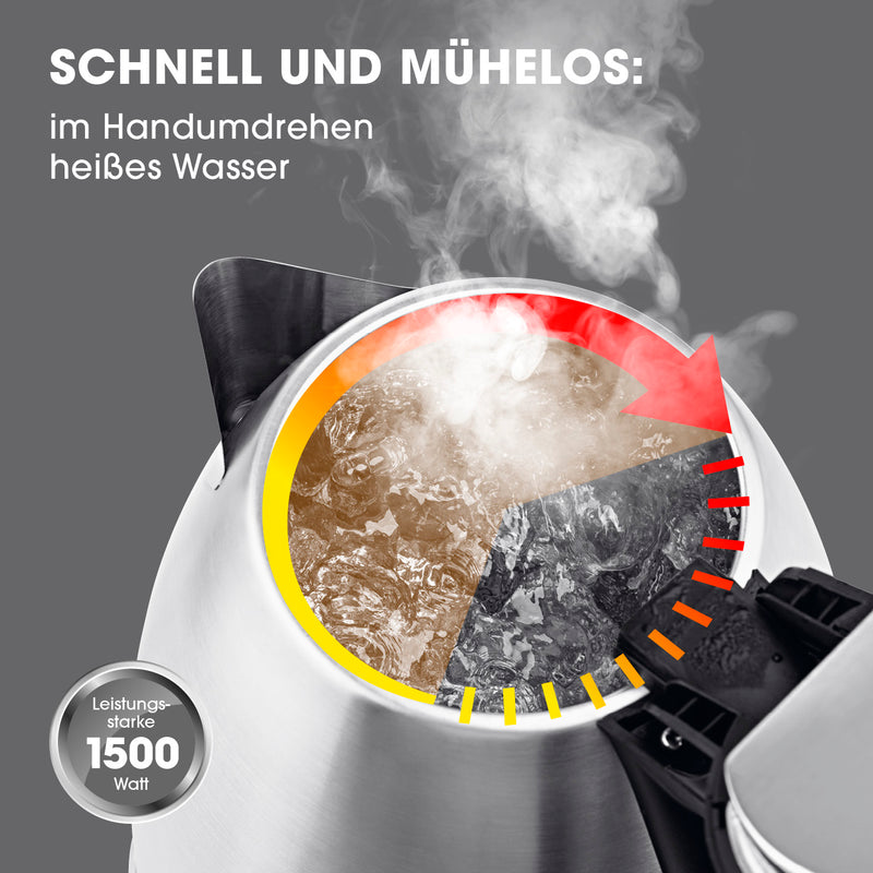 GOURMETmaxx Wasserkocher - 1,8l - Edelstahl mit kabelloser 360°-Basis, 1500 Watt Leistung und Wasserstandsanzeige.