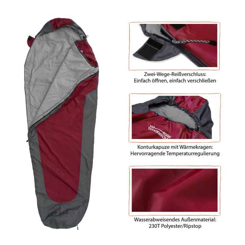 Where Tomorrow Camping Schlafsack Small & Light - Mumienschlafsack mit Tasche - 220 x 80 x 50 cm - Rot-Grau