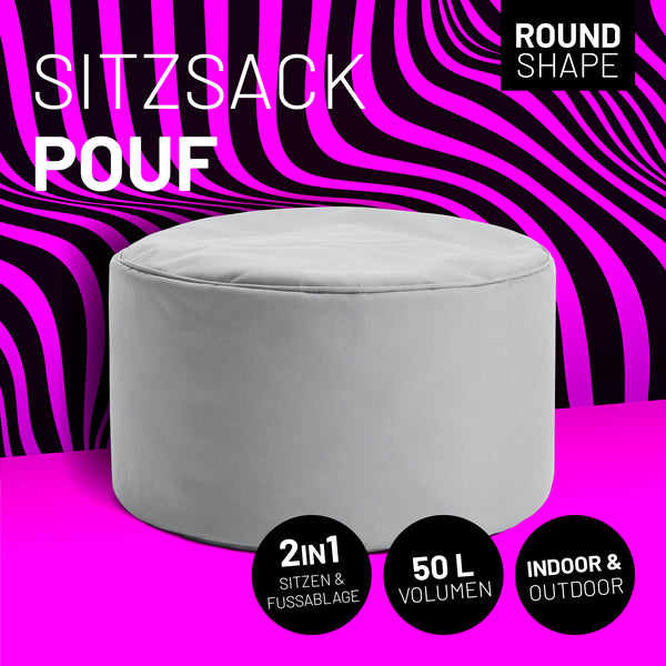 LUMALAND Indoor Outdoor Sitzhocker 25 x 45 cm, wasserabweisend, silbergrau, runder Sitzpouf, vielseitig für Sitzsack und Fußschemel.