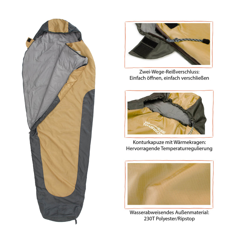 Where Tomorrow Camping Schlafsack Small & Light - Mumienschlafsack mit Tasche - 220 x 80 x 50 cm - Curry-Grau