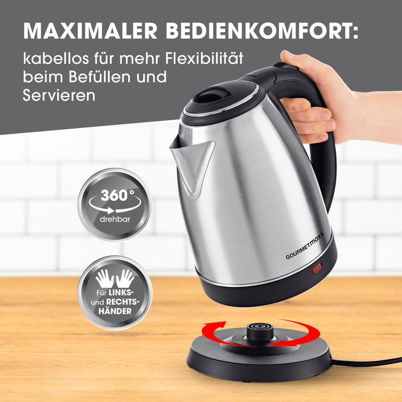 GOURMETmaxx Wasserkocher 1,8l aus Edelstahl mit kabelloser 360°-Basis, für Links- und Rechtshänder, inkl. Wasserstandsanzeige.