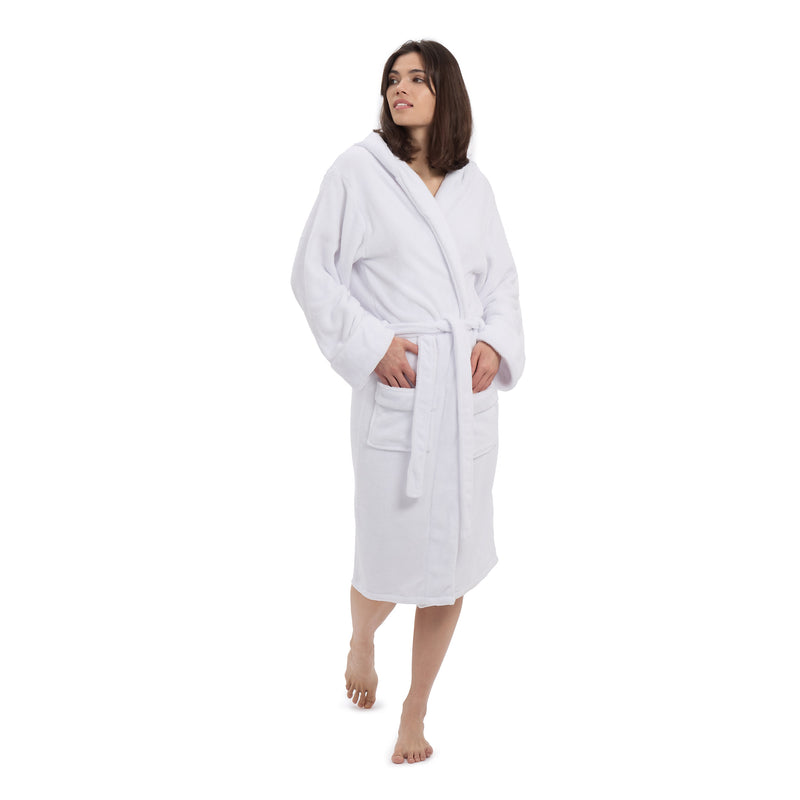 Lumaland Luxury Mikrofaser Bademantel mit Kapuze für Damen und Herren - Weiß - Größe XL