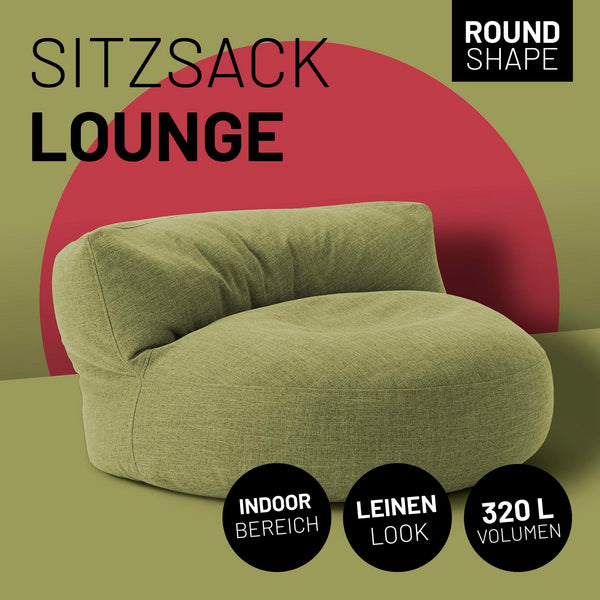 LUMALAND Interior Line Sitzsack-Lounge rund, 320l Füllung, 90x50 cm, Lime, Leinen-Look, komfortabel für Innenbereiche.