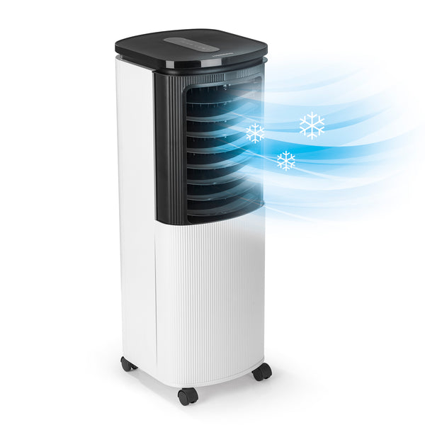 Hoberg Luftkühler mit Peltier-Element, 4 Geschwindigkeitsstufen, schwarz/weiß, mit Kühlakkus und LED-Touch-Display.