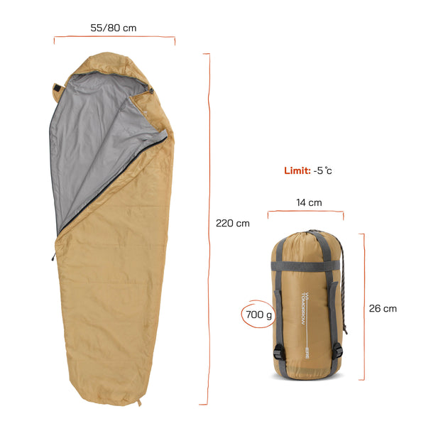 Where Tomorrow Camping Schlafsack Small & Light - Mumienschlafsack mit Tasche - 220 x 80 x 50 cm - Curry