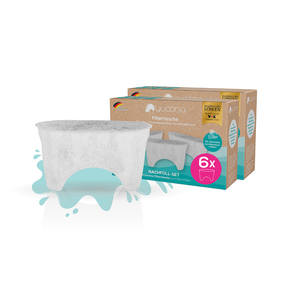 Weißer Filterbeutel vor einer braun-blaugrünen Produktbox mit der Aufschrift „Yucora“ und „6x“ in einem rosa Kreis.
