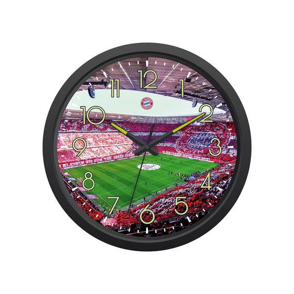 FC Bayern München Wanduhr mit Stadion-Motiv, Glow in the dark Ziffern und Zeigern, Ø 34 cm, batteriebetrieben, Fanartikel.