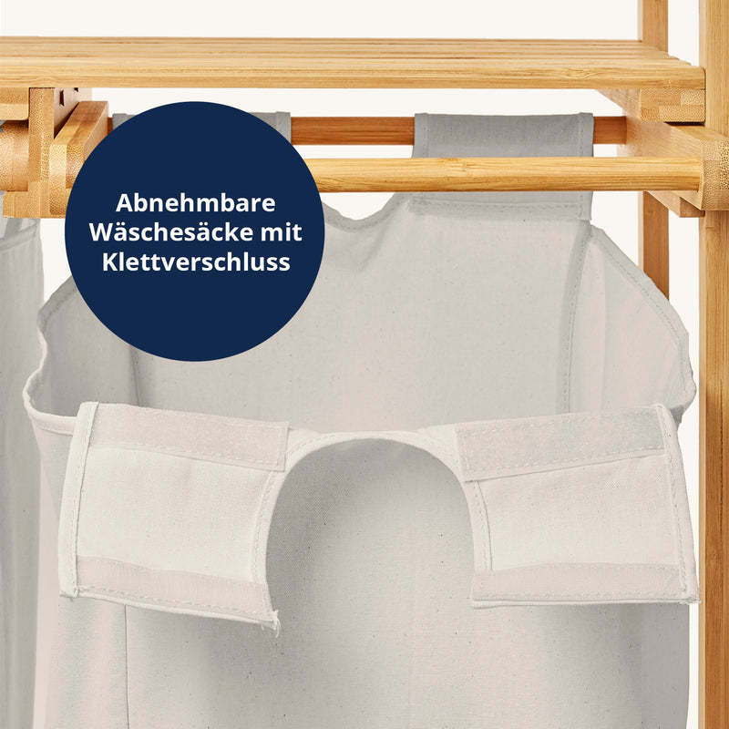 LUMALAND Bambus Wäschekorb mit 2 ausziehbaren Wäschesacken - 73 x 64 x 33 cm - Weiß