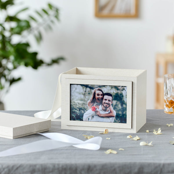 LUMALAND Photobox 2er-Set Weiß als Geschenk- und Aufbewahrungsbox mit persönlicher Fotoscheibe für Hochzeit und Geburtstag.